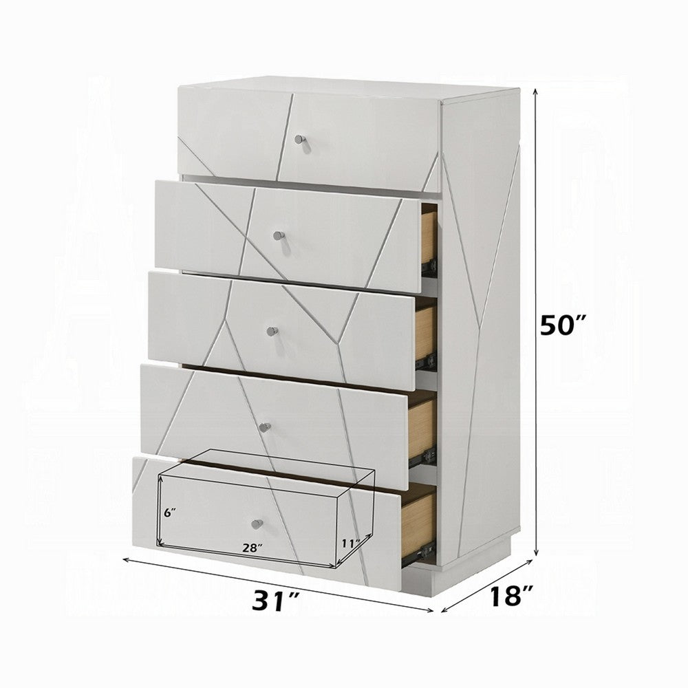 Esy Tall Dresser Chest | 5 Drawers | Crystal Knobs | White Carved Pattern