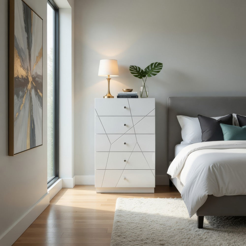 Esy Tall Dresser Chest | 5 Drawers | Crystal Knobs | White Carved Pattern