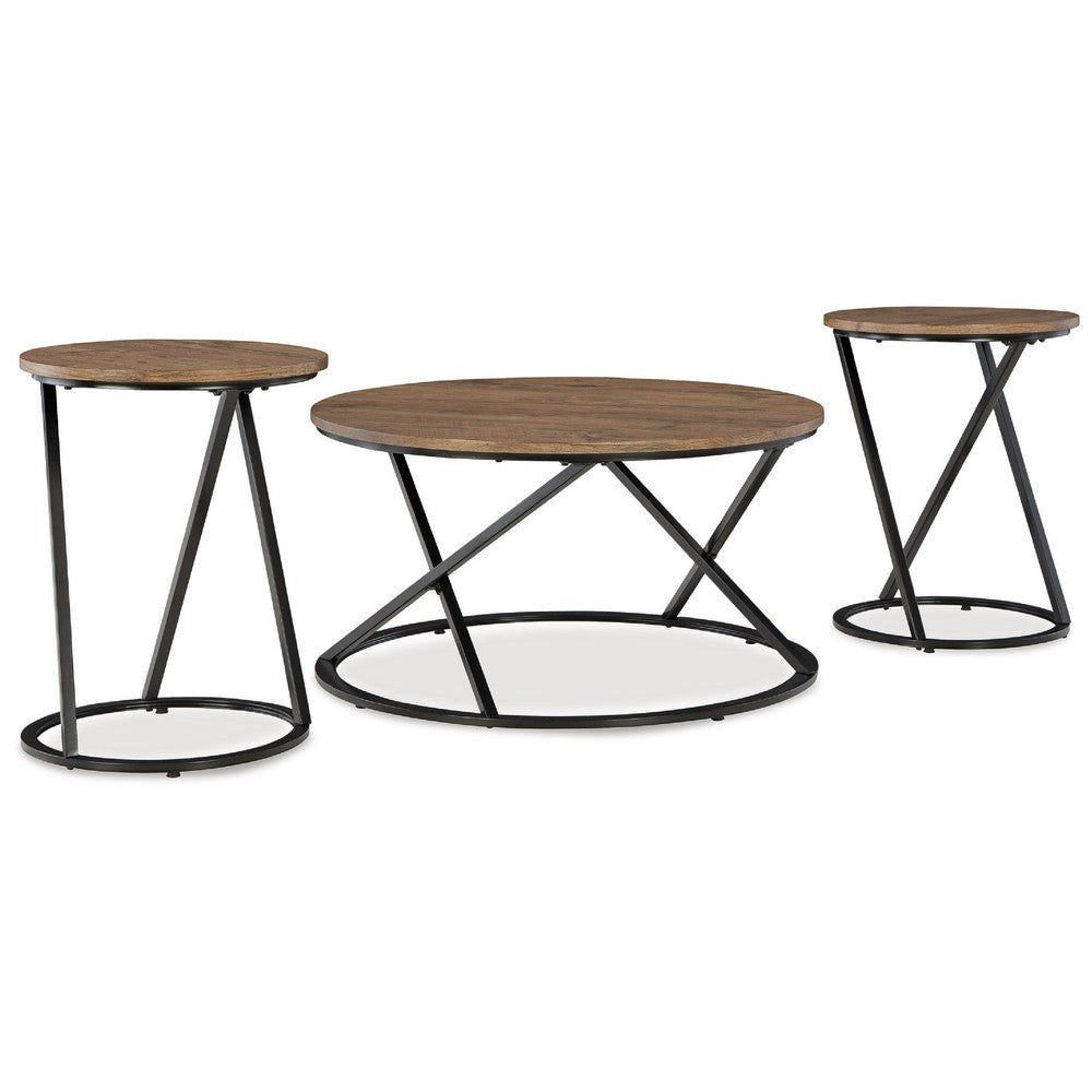 Kai 3pc Living Room Occasional Table Set | Round | Black Metal Angled Frame