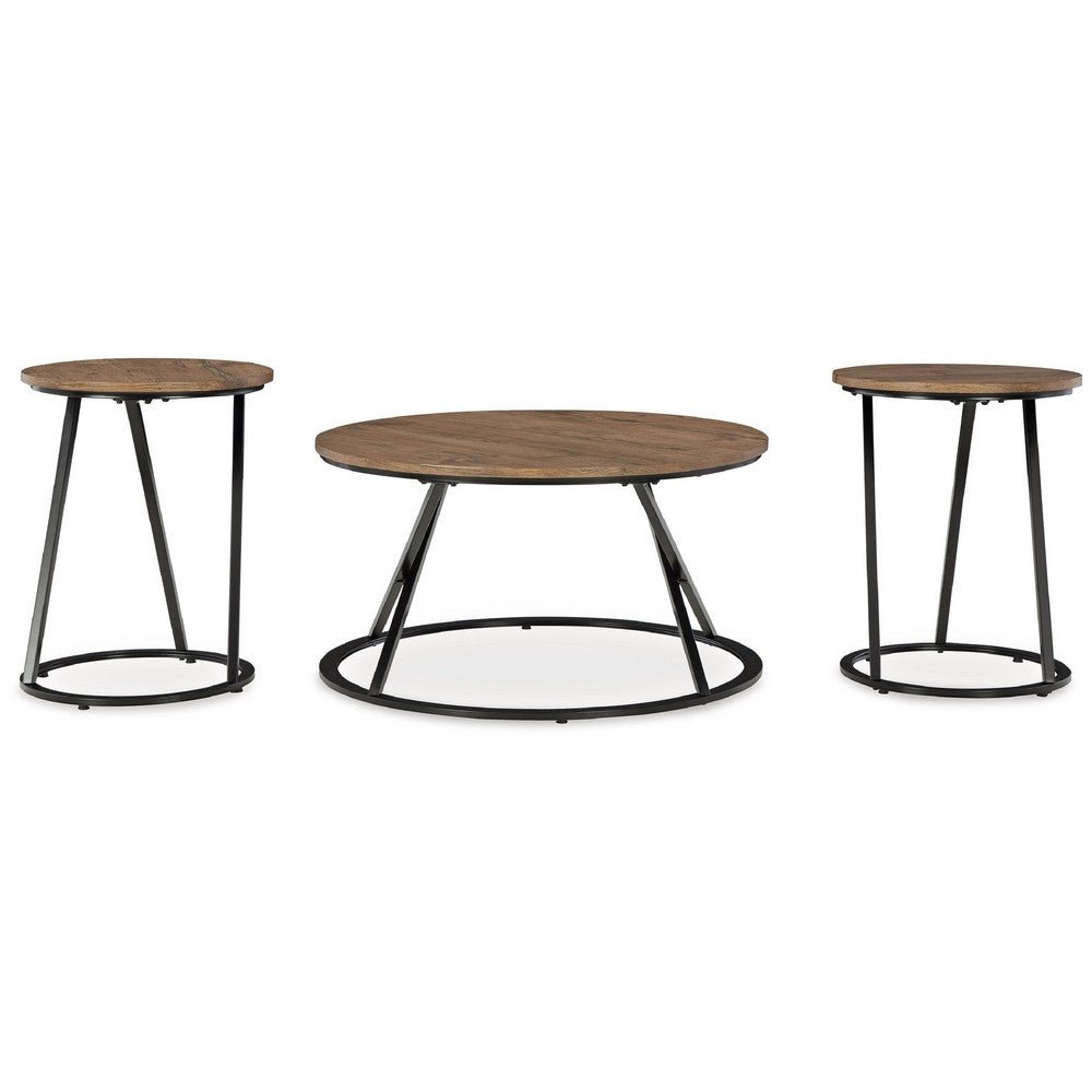 Kai 3pc Living Room Occasional Table Set | Round | Black Metal Angled Frame