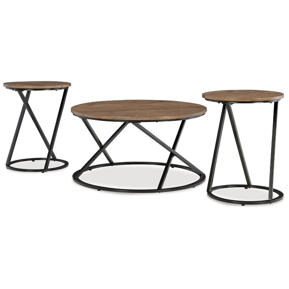 Kai 3pc Living Room Occasional Table Set | Round | Black Metal Angled Frame