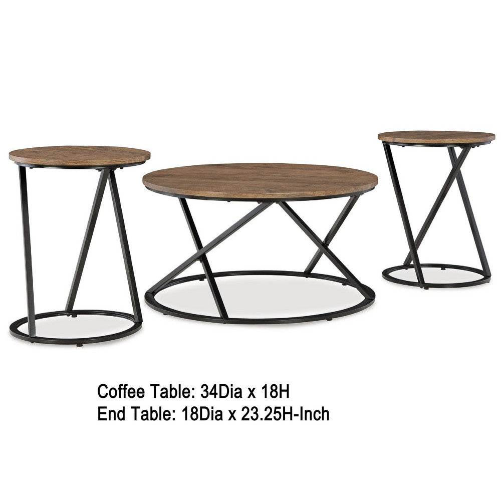 Kai 3pc Living Room Occasional Table Set | Round | Black Metal Angled Frame
