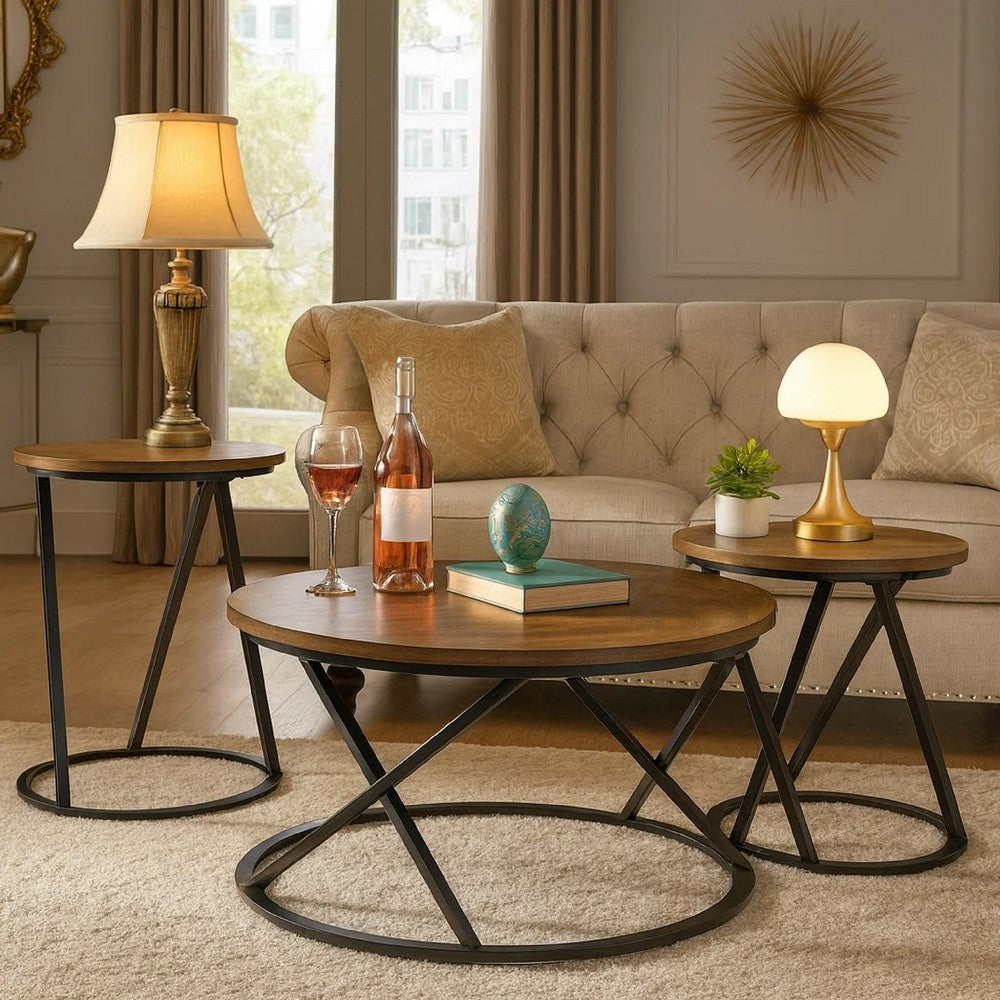 Kai 3pc Living Room Occasional Table Set | Round | Black Metal Angled Frame