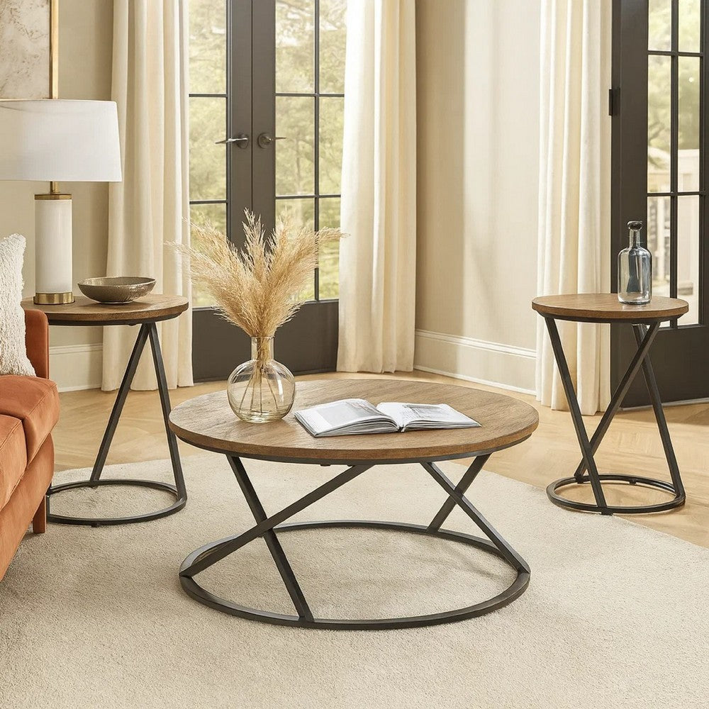 Kai 3pc Living Room Occasional Table Set | Round | Black Metal Angled Frame