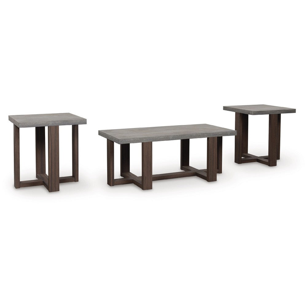 Eaim 3pc Occasional Table Set | Gray Faux Stone Pattern Top | Brown Frame