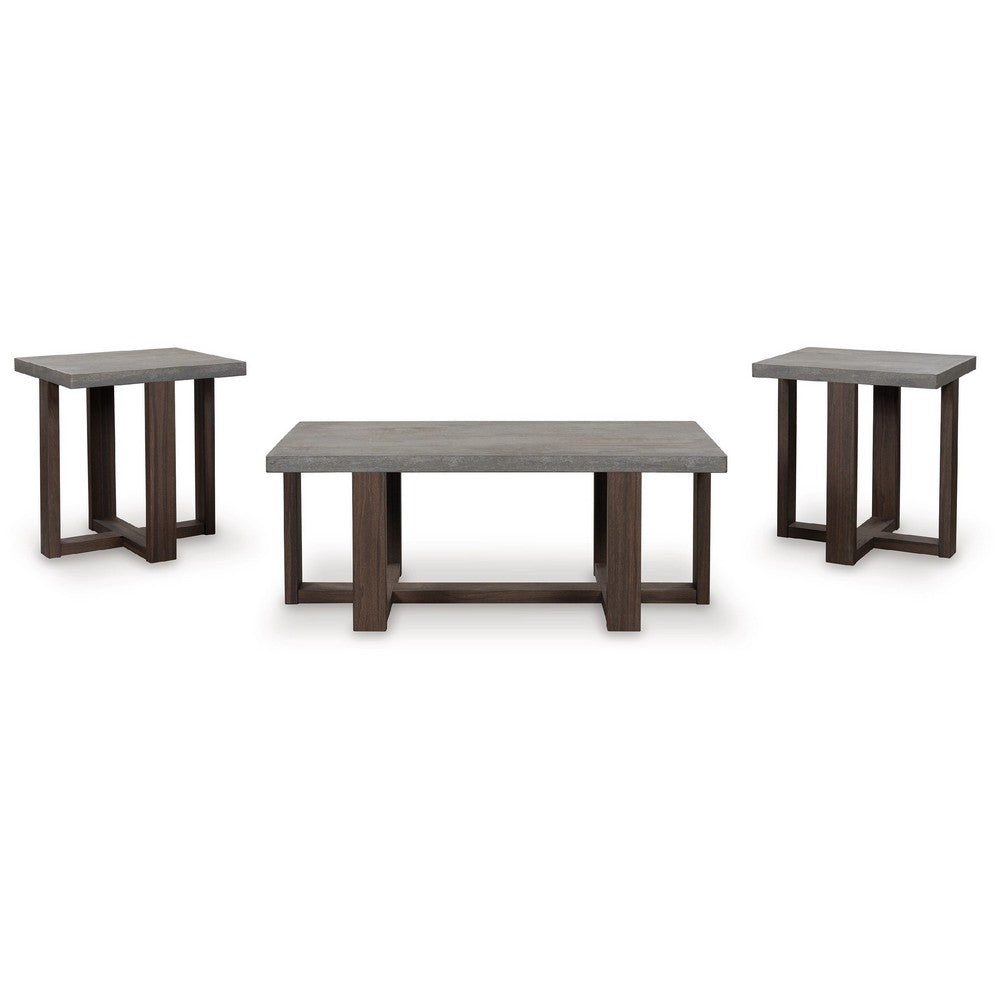 Eaim 3pc Occasional Table Set | Gray Faux Stone Pattern Top | Brown Frame