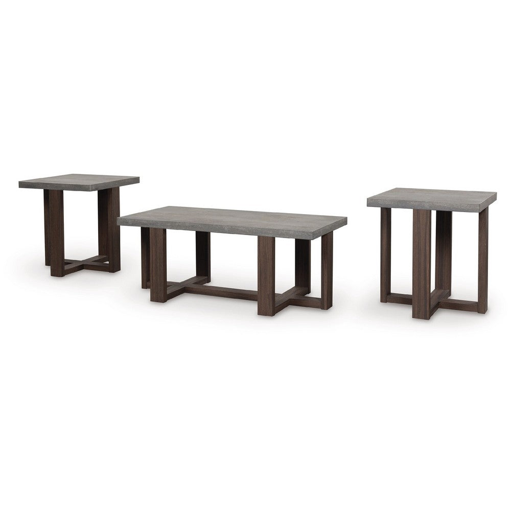 Eaim 3pc Occasional Table Set | Gray Faux Stone Pattern Top | Brown Frame