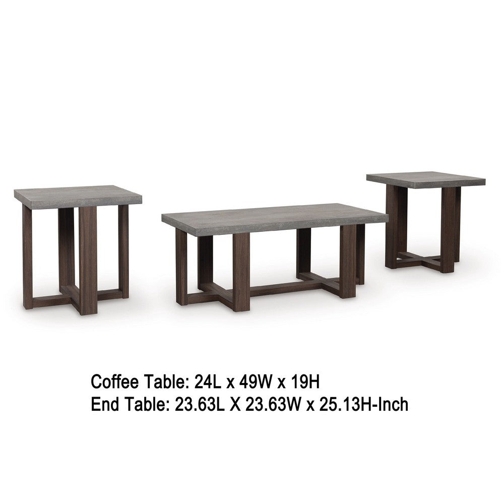 Eaim 3pc Occasional Table Set | Gray Faux Stone Pattern Top | Brown Frame
