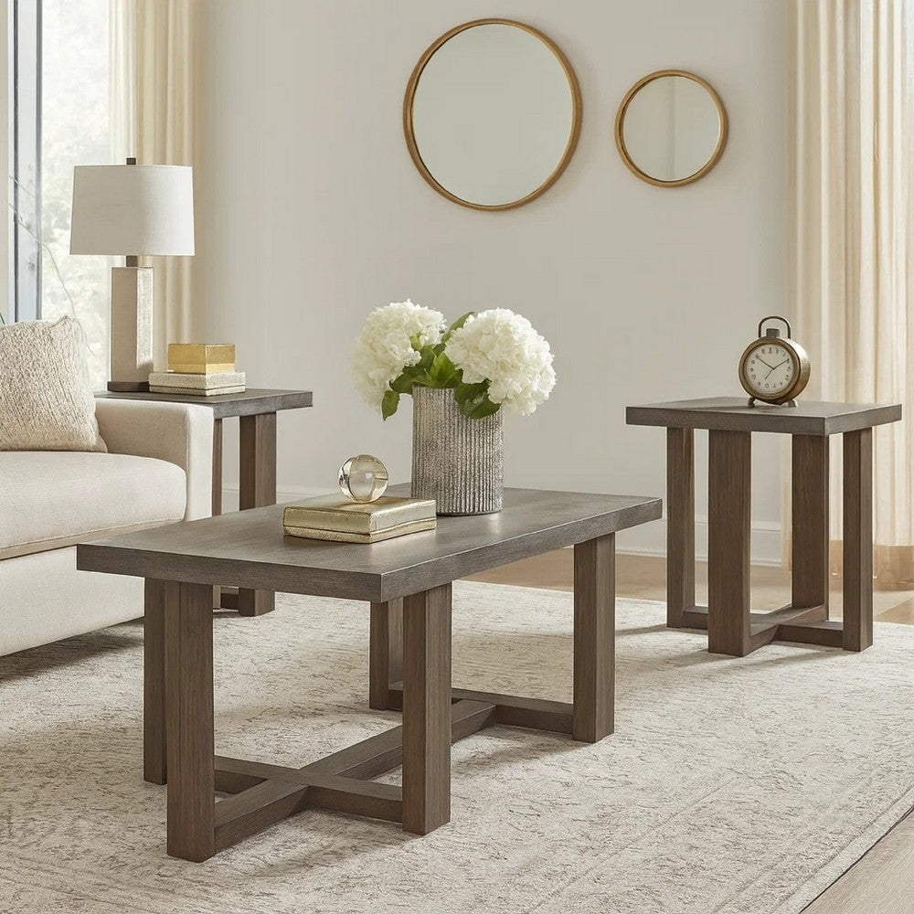 Eaim 3pc Occasional Table Set | Gray Faux Stone Pattern Top | Brown Frame