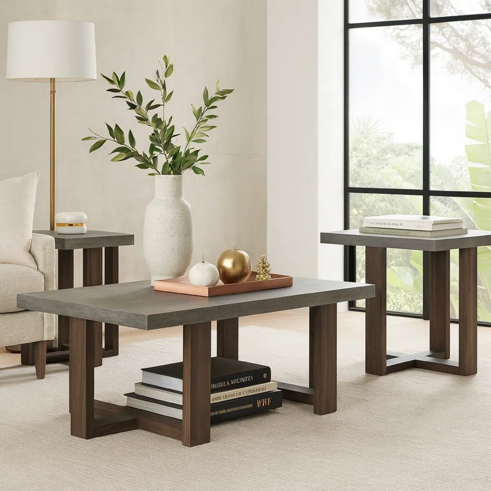 Eaim 3pc Occasional Table Set | Gray Faux Stone Pattern Top | Brown Frame