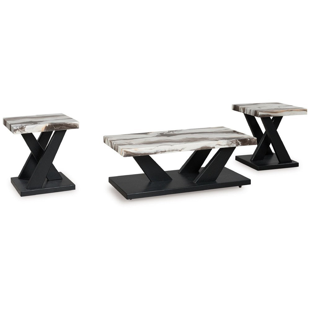 Usim 3pc Coffee & End Table Set | White Faux Marble Top | Black X Base