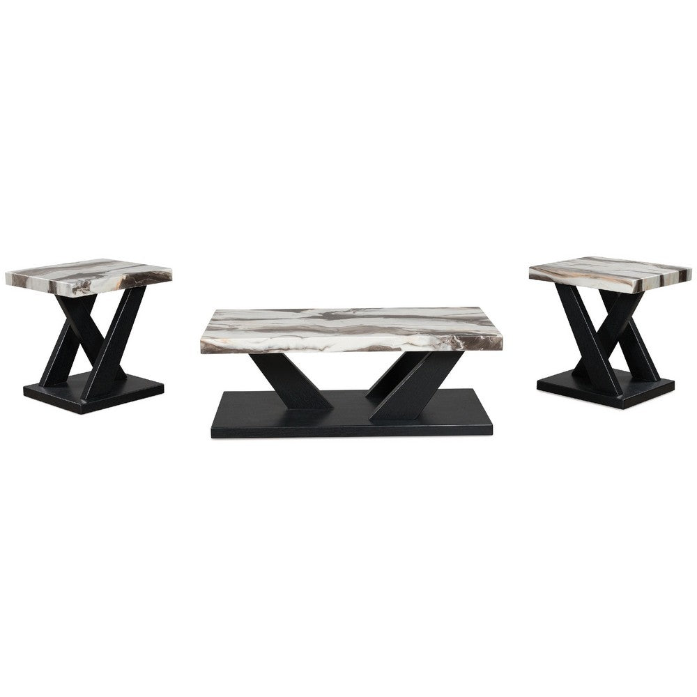 Usim 3pc Coffee & End Table Set | White Faux Marble Top | Black X Base