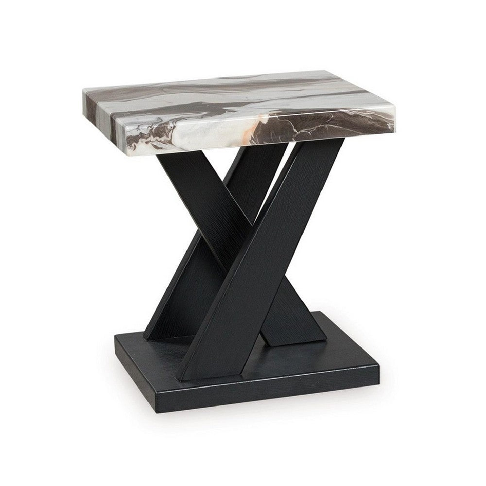 Usim 3pc Coffee & End Table Set | White Faux Marble Top | Black X Base