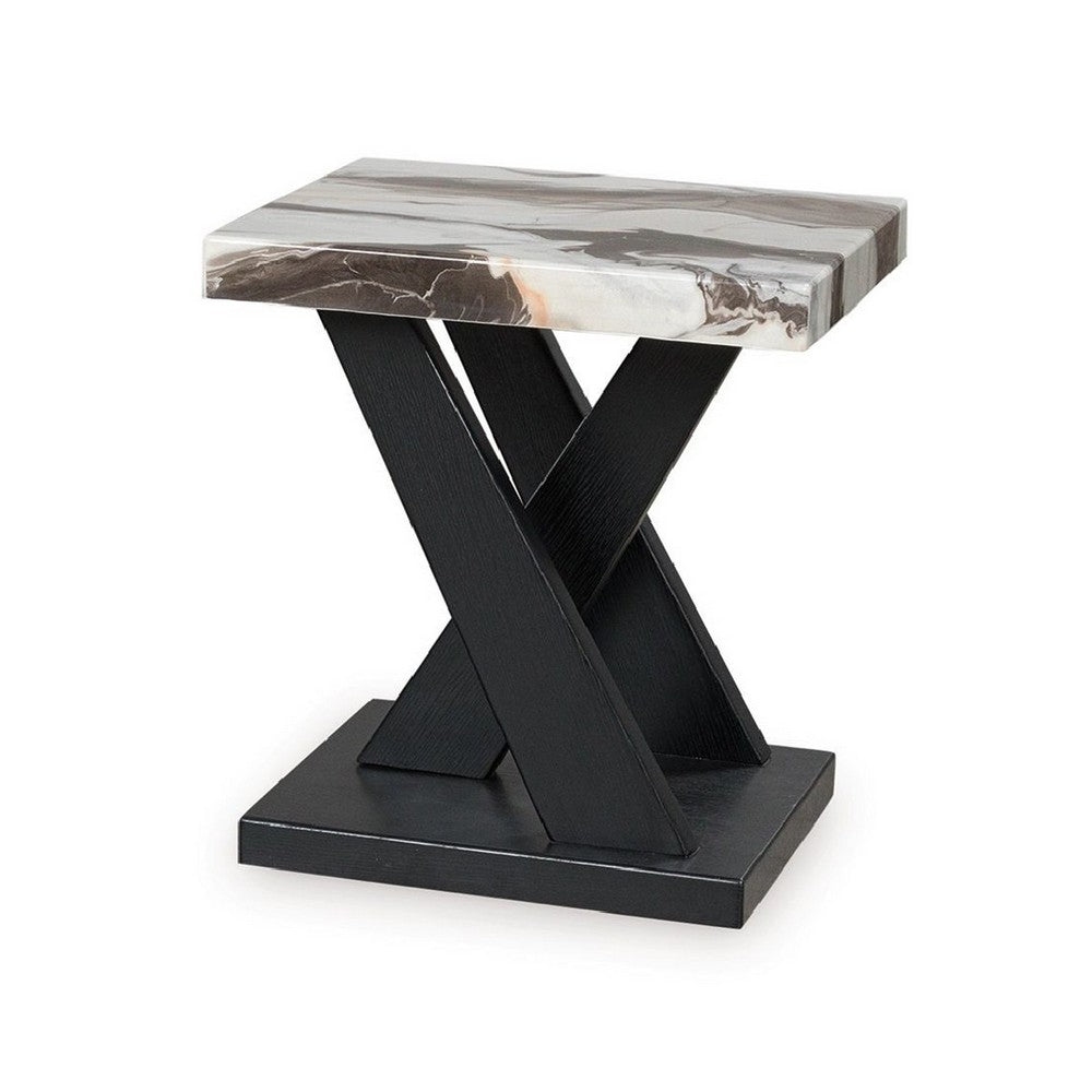 Usim 3pc Coffee & End Table Set | White Faux Marble Top | Black X Base