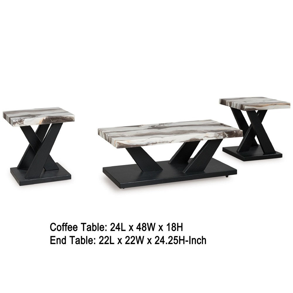 Usim 3pc Coffee & End Table Set | White Faux Marble Top | Black X Base