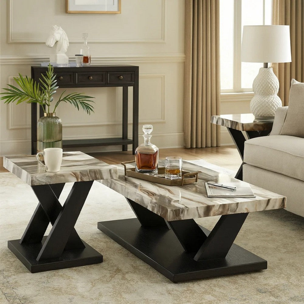Usim 3pc Coffee & End Table Set | White Faux Marble Top | Black X Base