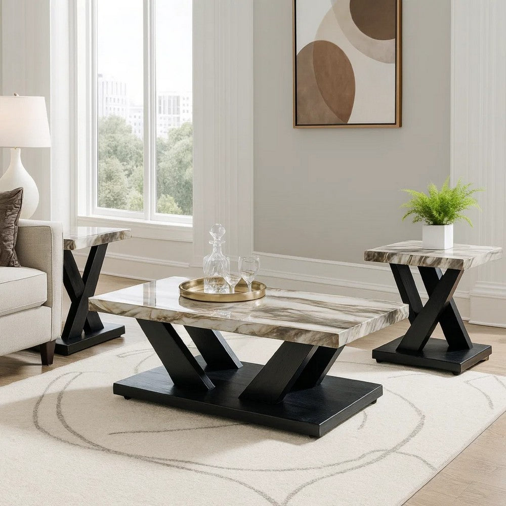 Usim 3pc Coffee & End Table Set | White Faux Marble Top | Black X Base