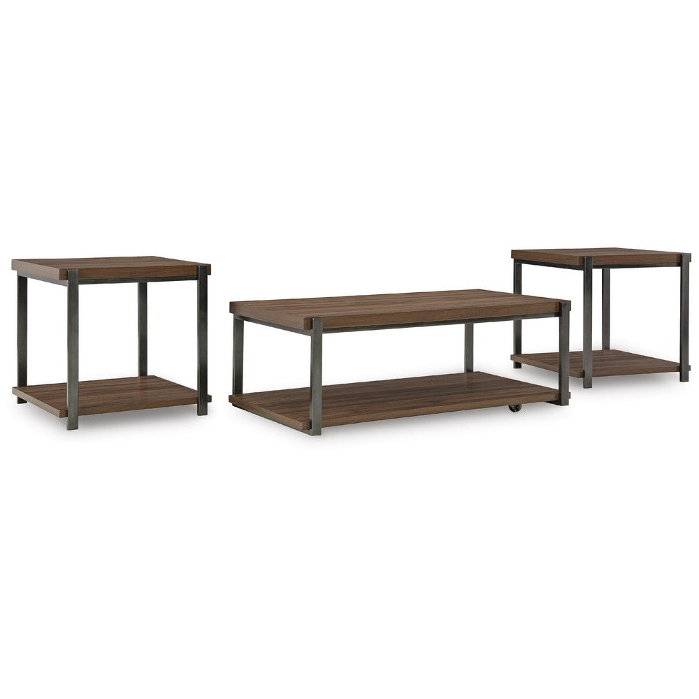 Yesh 3pc Occasional Coffee & End Table Set | Brown Wood Top | Gray Metal