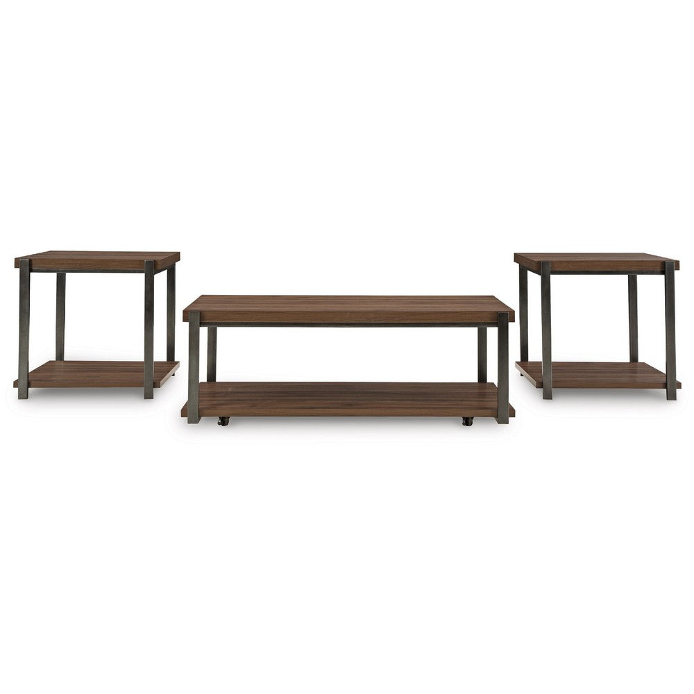 Yesh 3pc Occasional Coffee & End Table Set | Brown Wood Top | Gray Metal