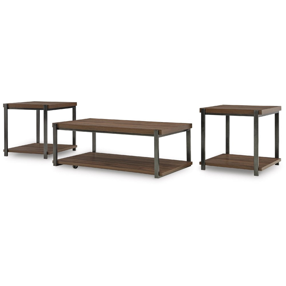 Yesh 3pc Occasional Coffee & End Table Set | Brown Wood Top | Gray Metal