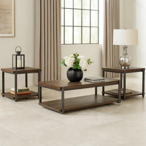 Yesh 3pc Occasional Coffee & End Table Set | Brown Wood Top | Gray Metal