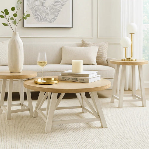 Teyi 3pc Occasional Coffee End Table Set | Round Veneer Top | Antique White