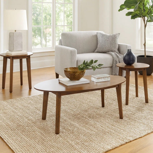 Hosi 3pc Living Room Occasional Table Set | Oval Tops | Round Tapered Legs
