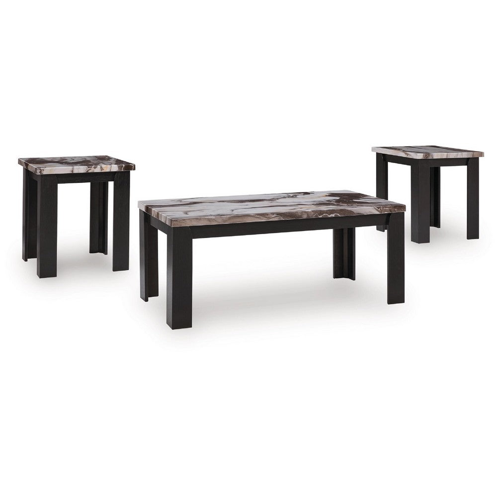 Poim 3pc Occasional Coffee & End Table Set | White Brown Faux Marble Top