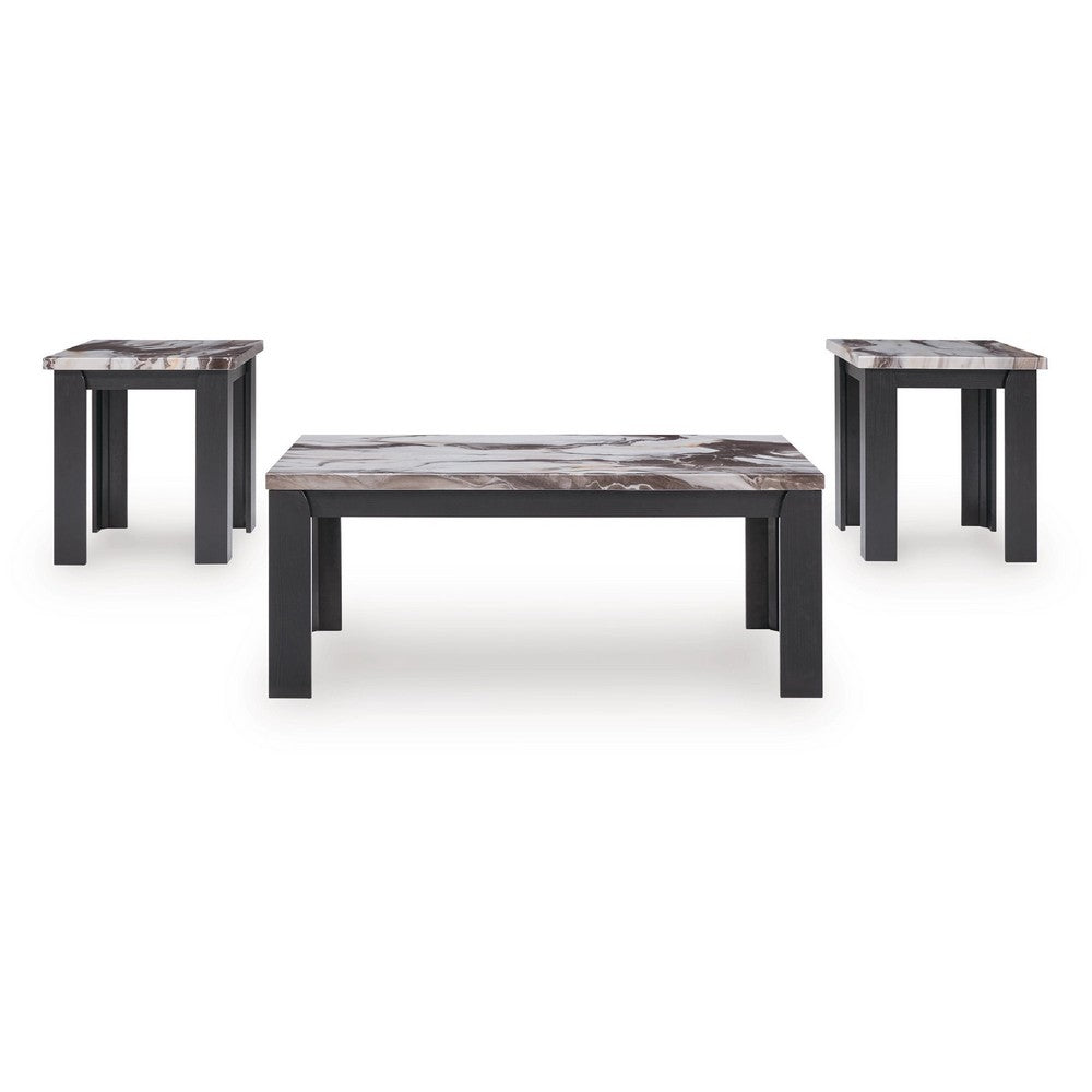 Poim 3pc Occasional Coffee & End Table Set | White Brown Faux Marble Top