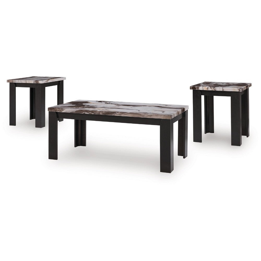 Poim 3pc Occasional Coffee & End Table Set | White Brown Faux Marble Top