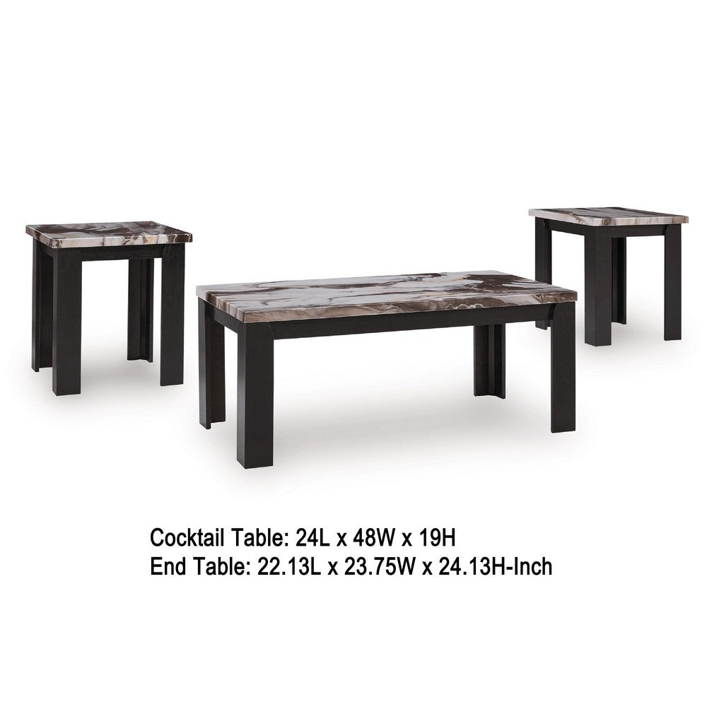 Poim 3pc Occasional Coffee & End Table Set | White Brown Faux Marble Top