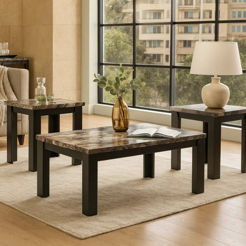 Poim 3pc Occasional Coffee & End Table Set | White Brown Faux Marble Top