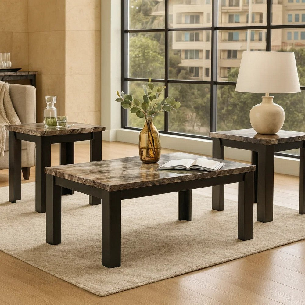Poim 3pc Occasional Coffee & End Table Set | White Brown Faux Marble Top