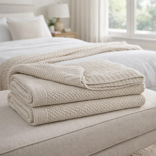 70 x 54 Leri Throw Blanket | Set of 3 | Machine Knitted Beige Cotton