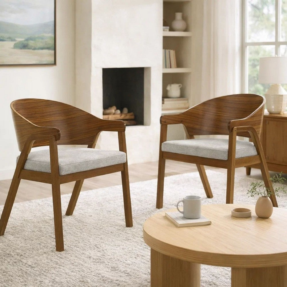 Lery Armchair Set of 2 | Curved Walnut Brown Wood Back | Padded Seat