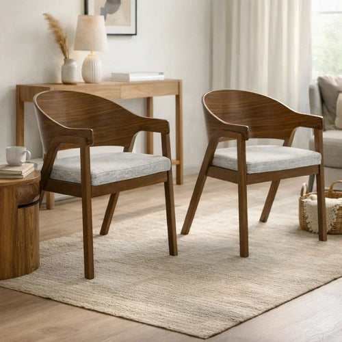 Lery Armchair Set of 2 | Curved Walnut Brown Wood Back | Padded Seat