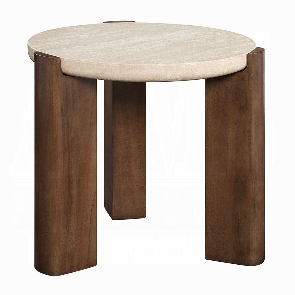 Hery Side End Table | 22" Round Travertine Top | Dark Oak Brown Legs