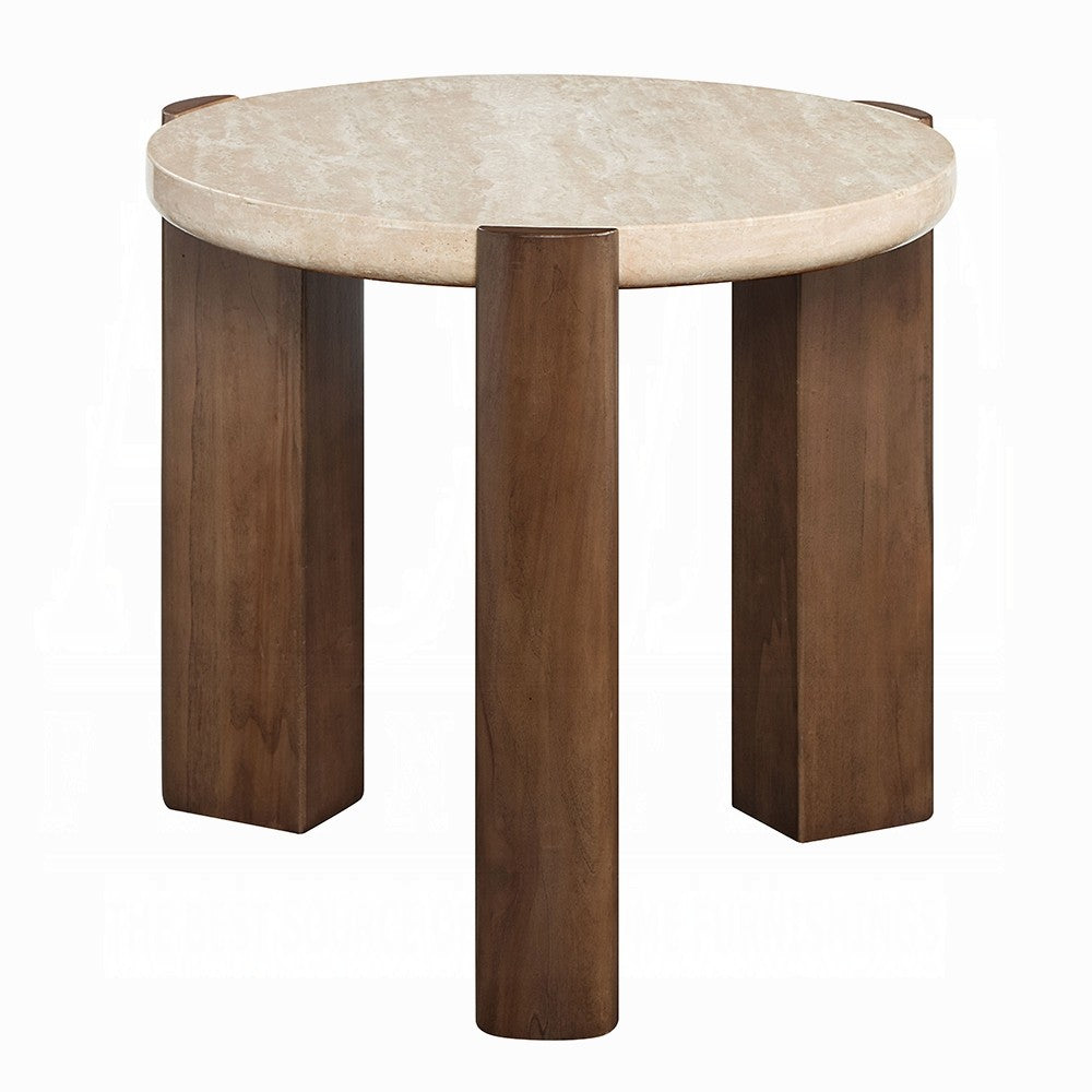 Hery Side End Table | 22" Round Travertine Top | Dark Oak Brown Legs