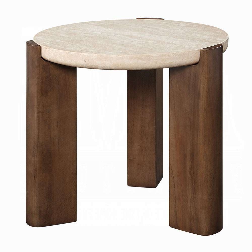 Hery Side End Table | 22" Round Travertine Top | Dark Oak Brown Legs