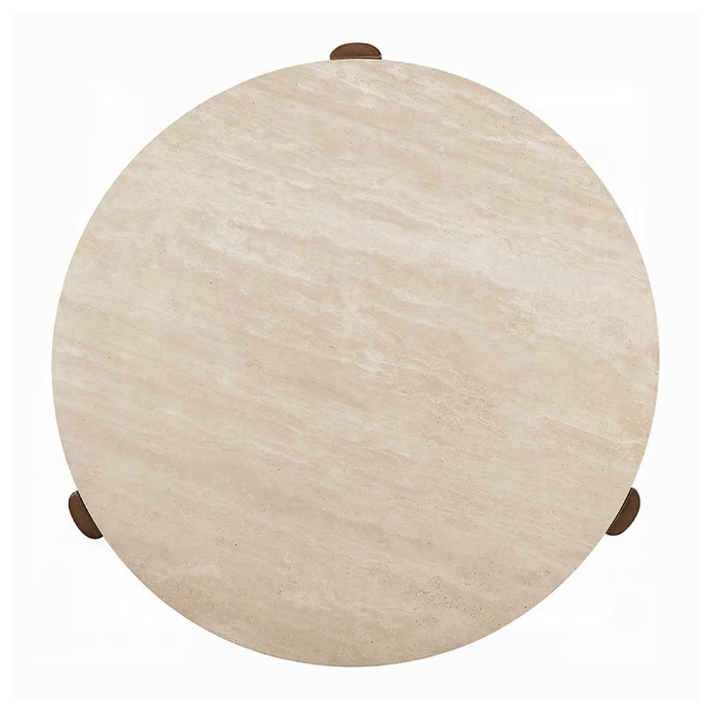 Hery Side End Table | 22" Round Travertine Top | Dark Oak Brown Legs