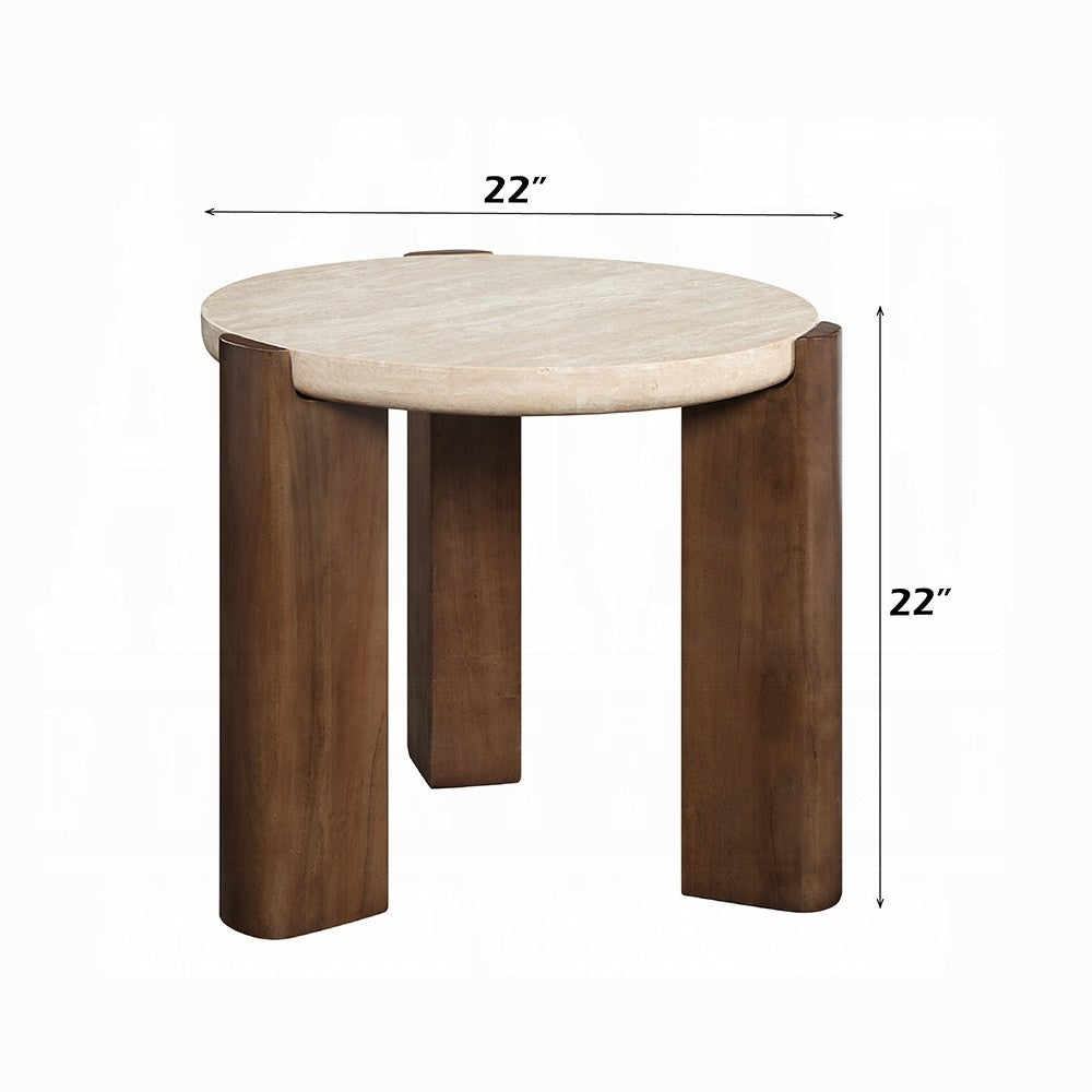 Hery Side End Table | 22" Round Travertine Top | Dark Oak Brown Legs