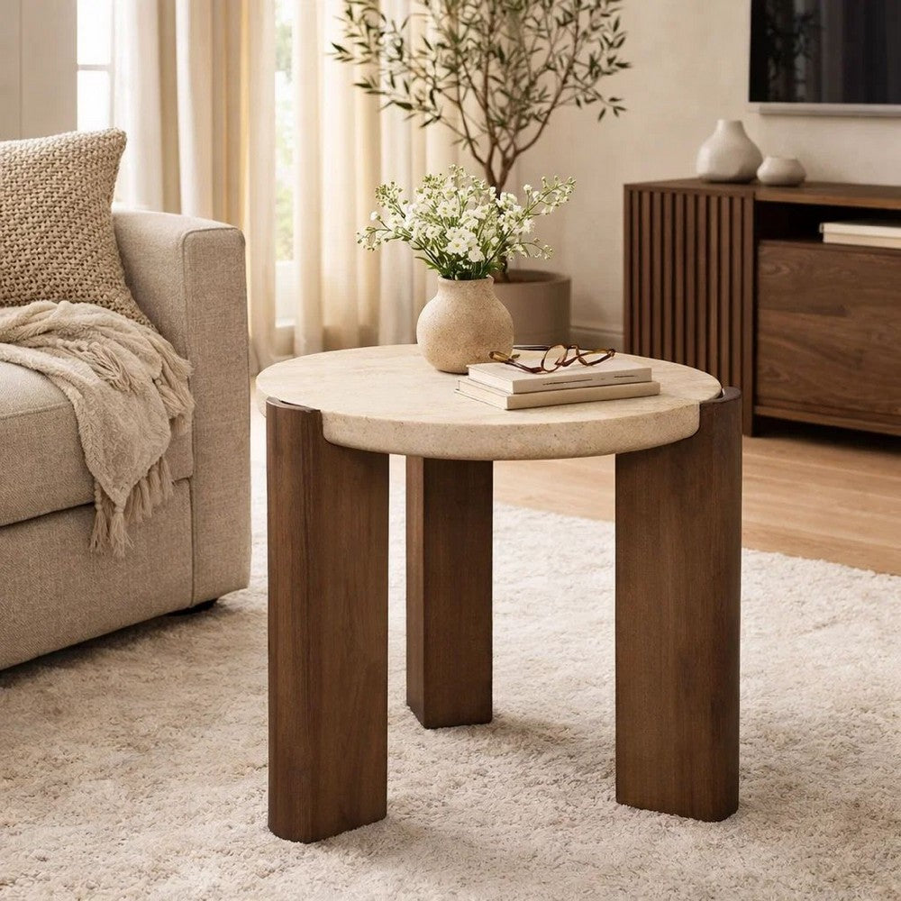 Hery Side End Table | 22" Round Travertine Top | Dark Oak Brown Legs