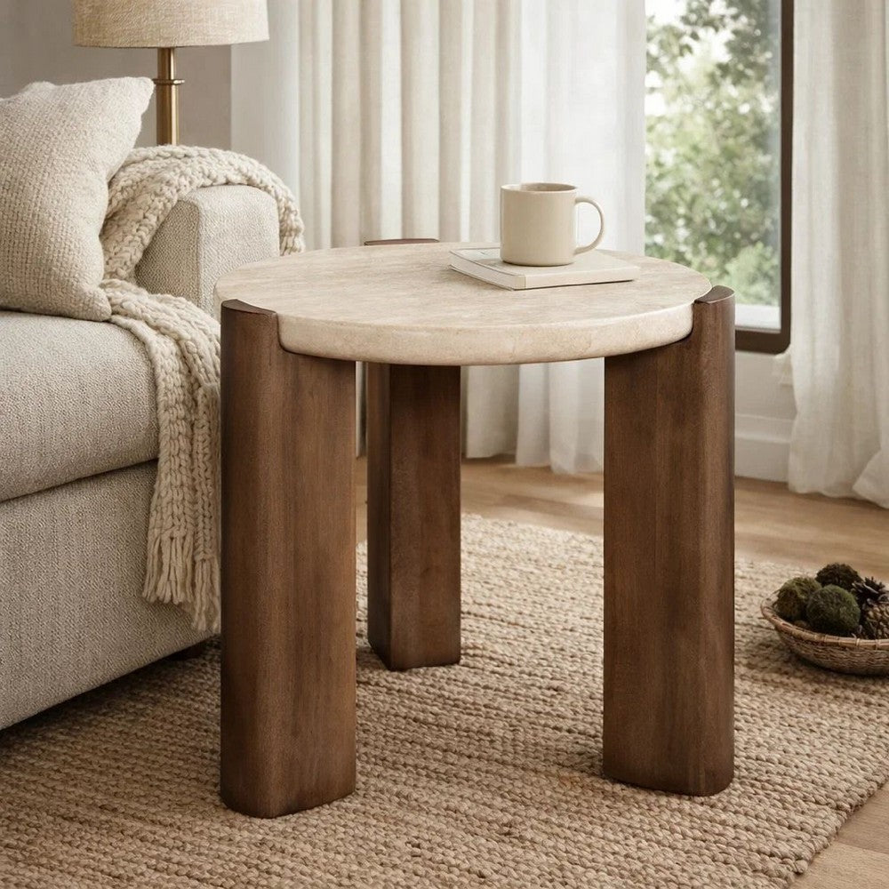 Hery Side End Table | 22" Round Travertine Top | Dark Oak Brown Legs