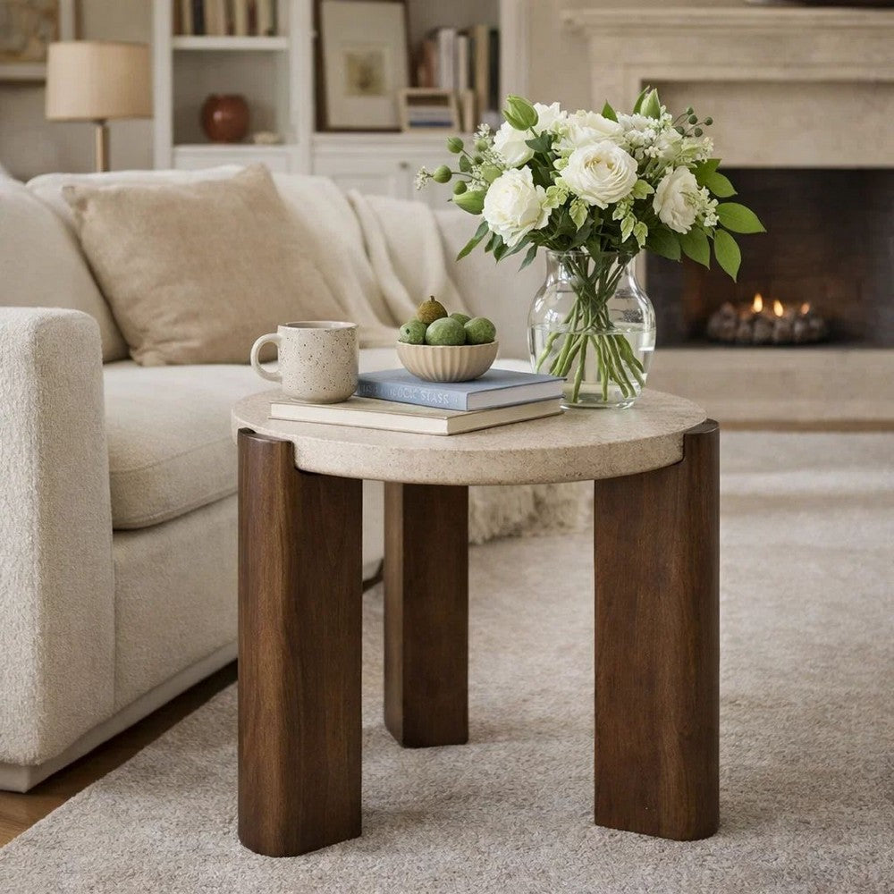 Hery Side End Table | 22" Round Travertine Top | Dark Oak Brown Legs