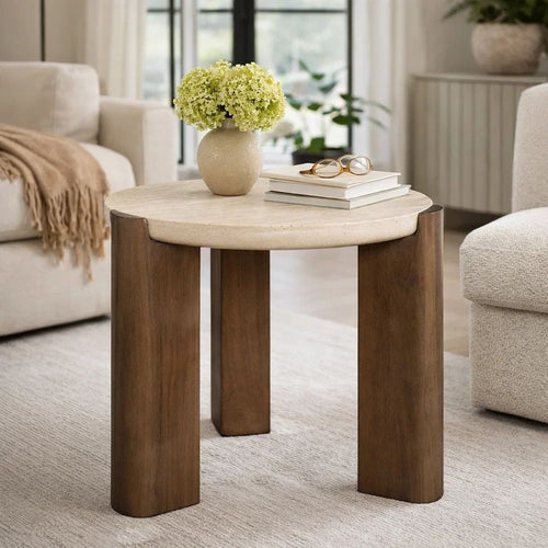Hery Side End Table | 22" Round Travertine Top | Dark Oak Brown Legs
