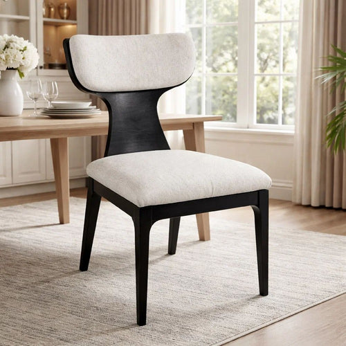 Kiri Dining Side Chair Set of 2 | White Chenille Seat | Black Wood Legs