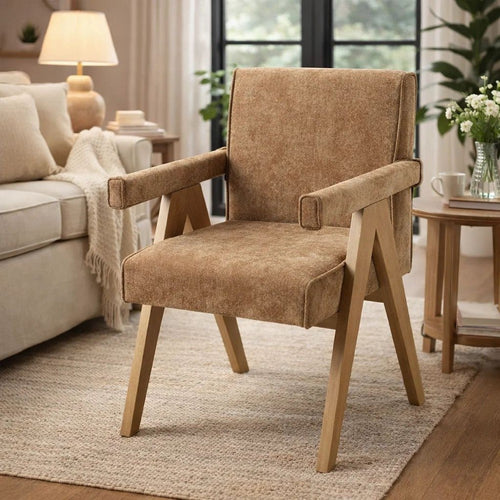 Sery Armchair Set of 2 | Chocolate Brown Chenille Seat | Wood Legs