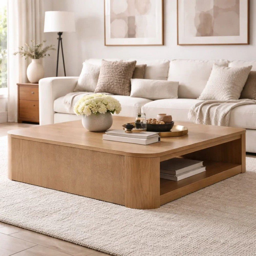 Sery Coffee Table | 48" Square Top w Open Lower Shelf | Oak Brown