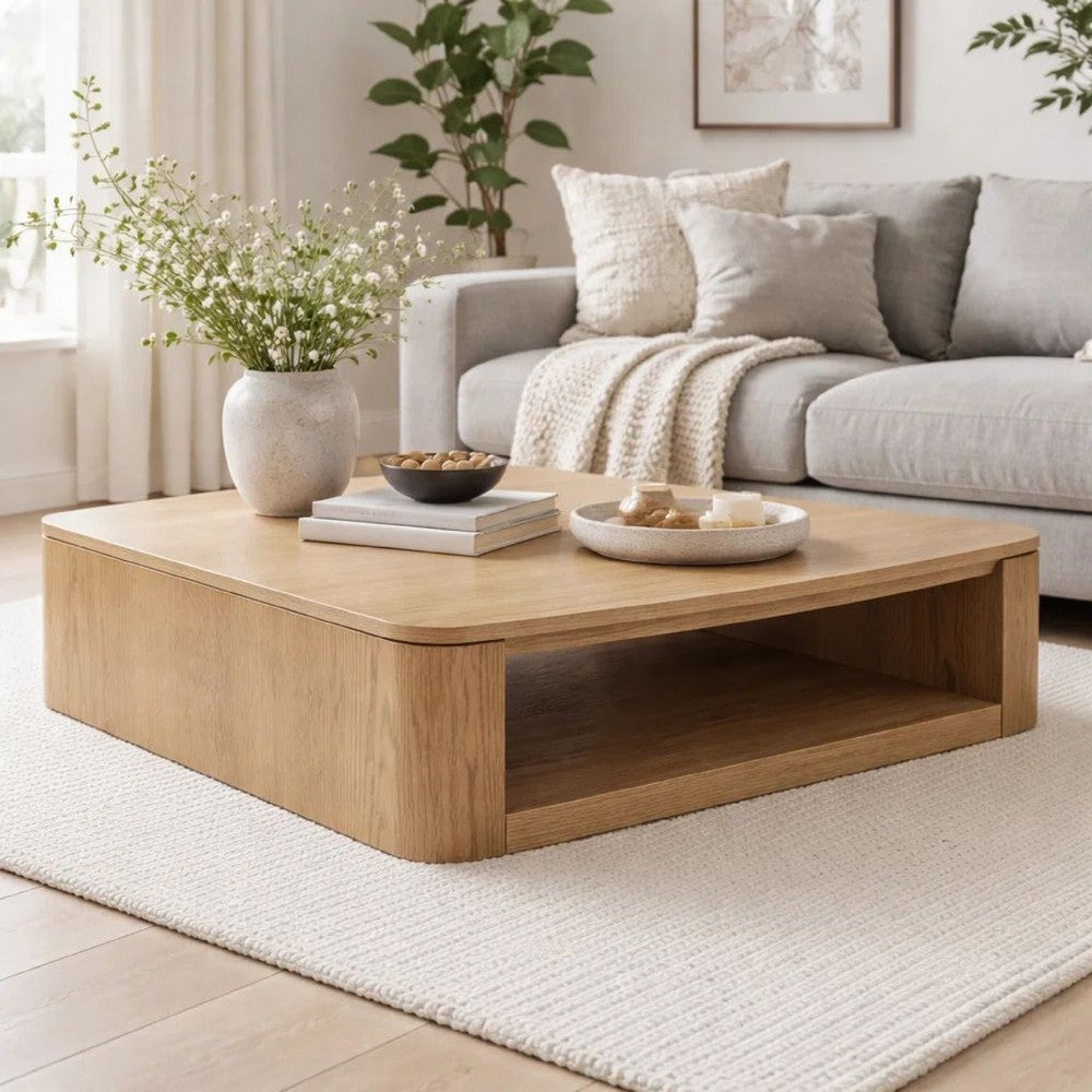 Sery Coffee Table | 48" Square Top w Open Lower Shelf | Oak Brown