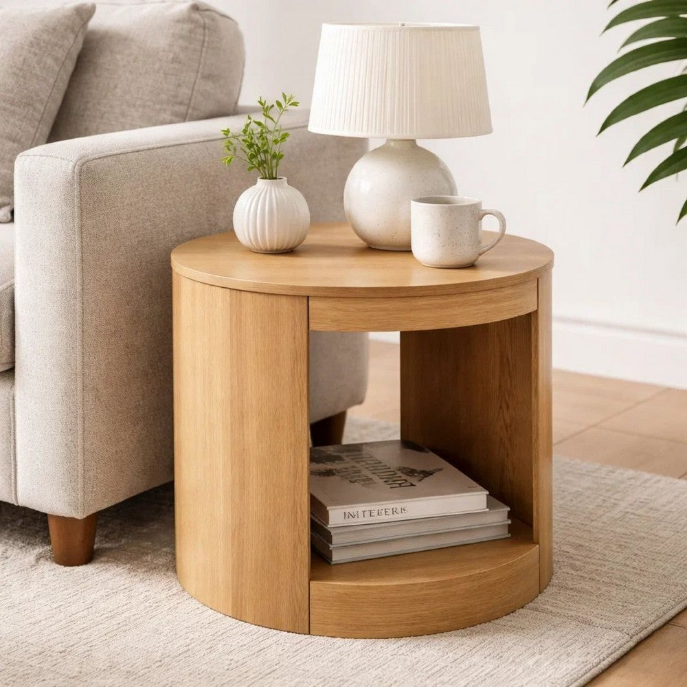Sery Side End Table | 22" Round Top w Open Lower Shelf | Oak Brown